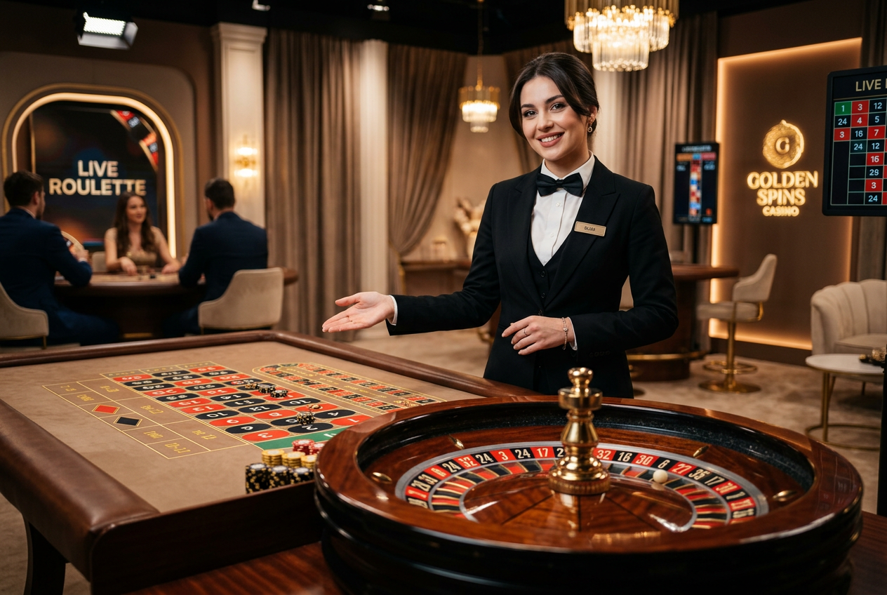 A luxury live casino roulette table with a professional dealer.